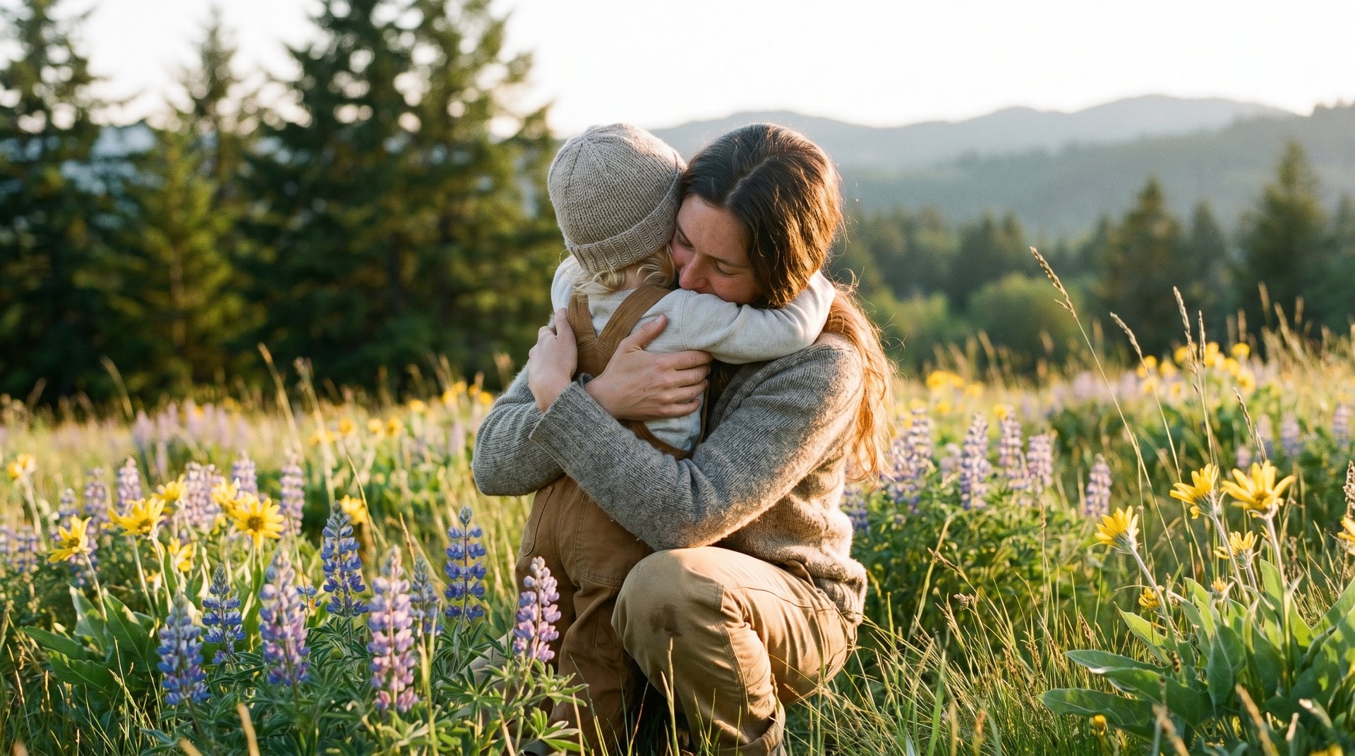 A mother embraces her child in a wildflower meadow